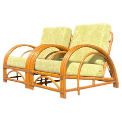 Retro Coastal Bent Rattan Lounge Chairs - a Pair