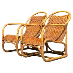 Vintage Coastal Bent Rattan Lounge Chairs - a Pair