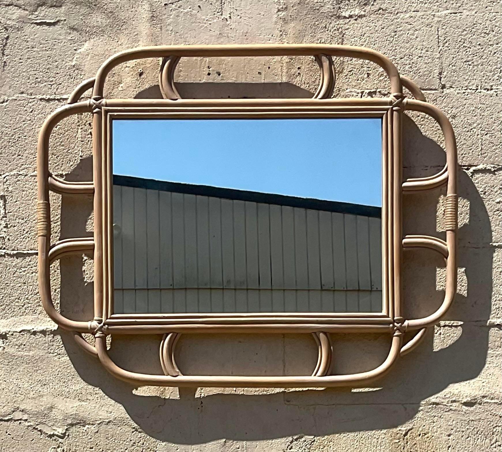 Philippine Vintage Coastal Bent Rattan Mirror For Sale