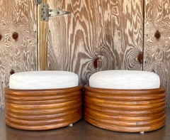 Vintage Coastal Bent Rattan Ottomans - a Pair