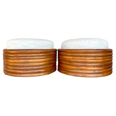 Vintage Coastal Bent Rattan Ottomans - a Pair