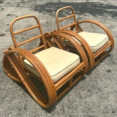 Vintage Coastal Bent Rattan Pretzel Lounge Chairs - a Pair