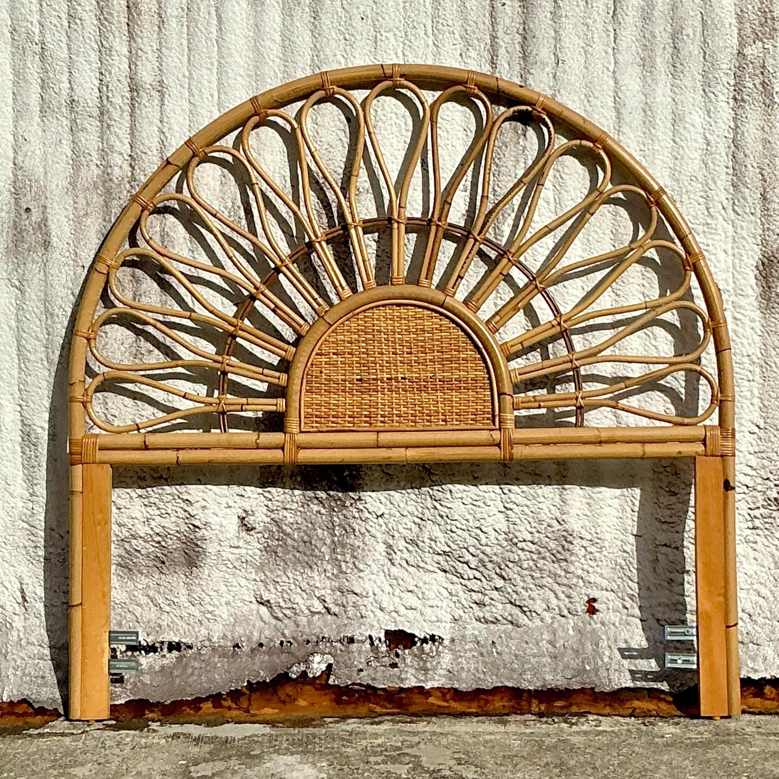20th Century Vintage Coastal Bent Rattan Queen Headboard For Sale