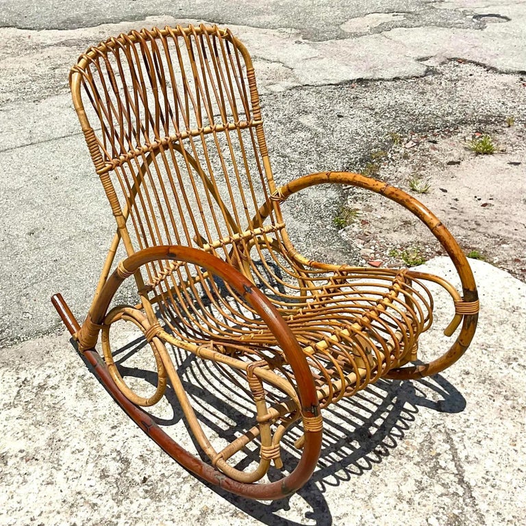 Vintage Coastal Bent Rattan Rocker For Sale at 1stDibs