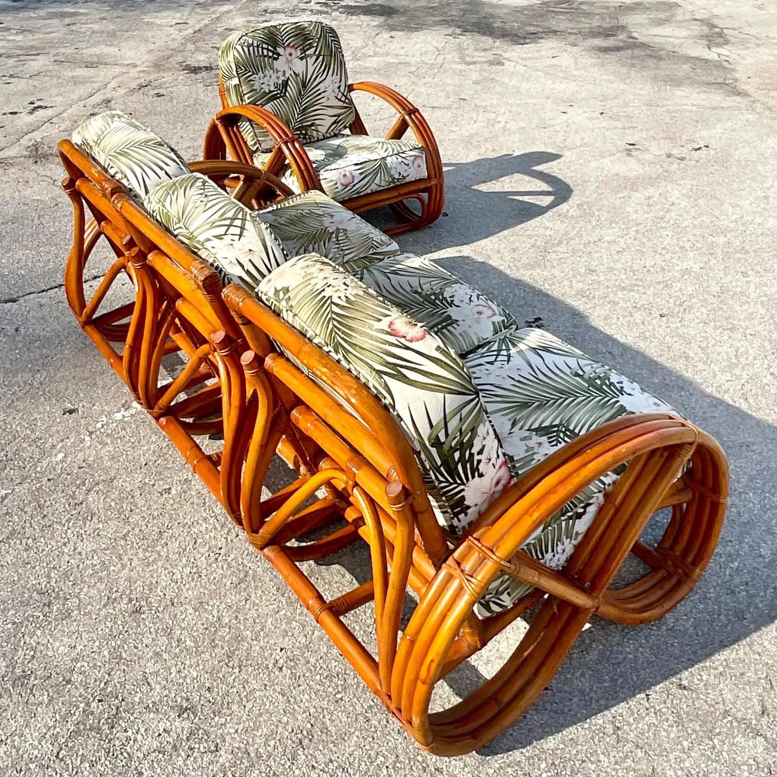 Philippine Vintage Coastal Bent Rattan Sofa and Chair After Frankl, 2 Pieces