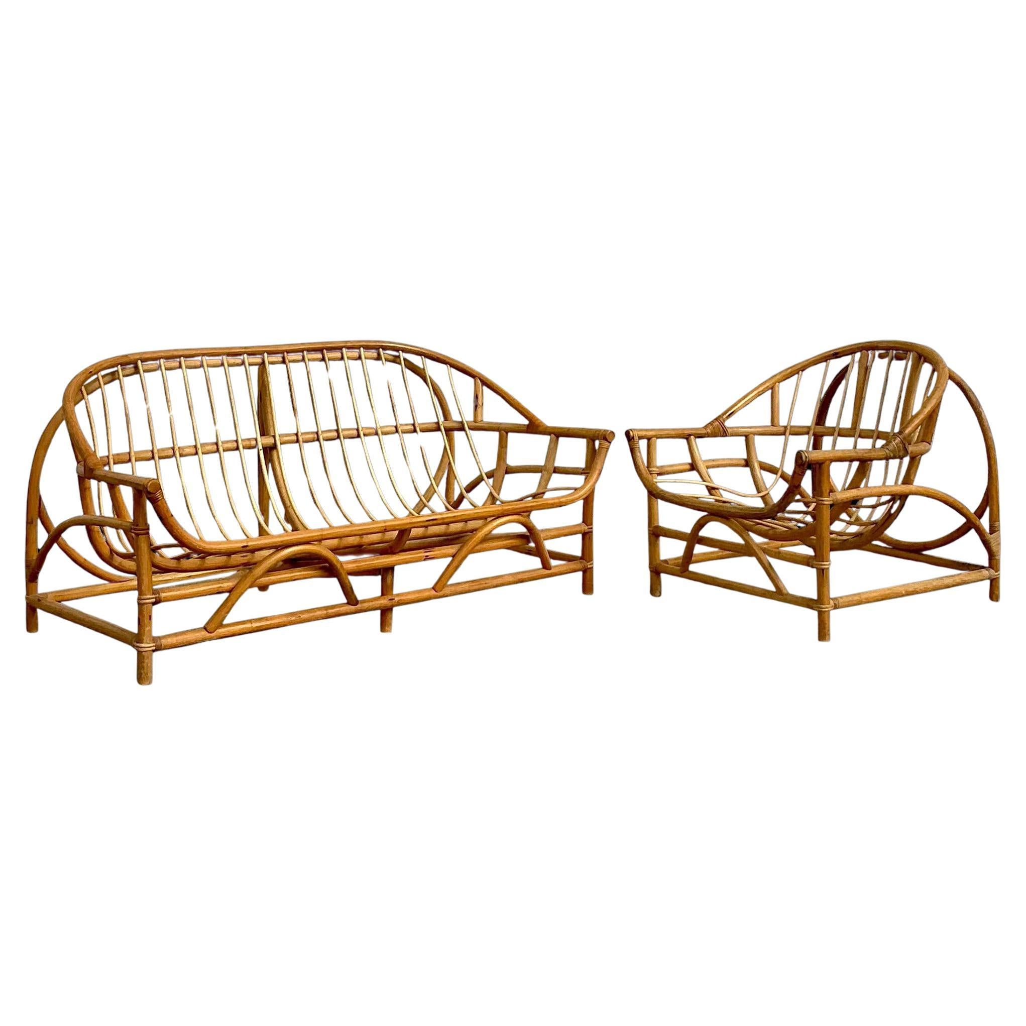 Vintage Coastal Bent Rattan Sofa und Stuhl - 2er Set