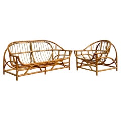 Vintage Coastal Bent Rattan Sofa and Chair - Set of 2