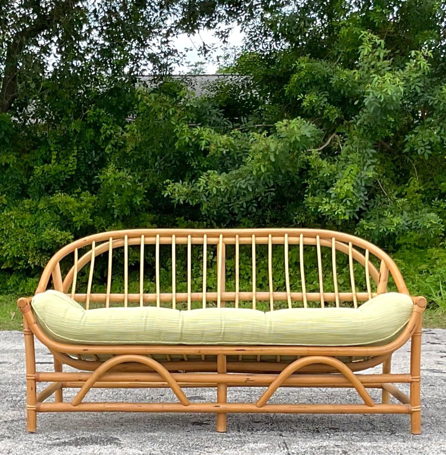 Vintage Coastal Bent Rattan Sofa In Good Condition For Sale In west palm beach, FL