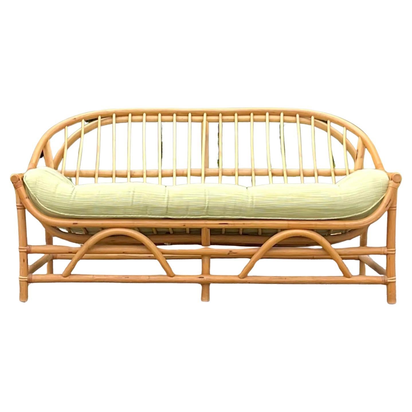 Vintage Coastal Bent Rattan Sofa For Sale