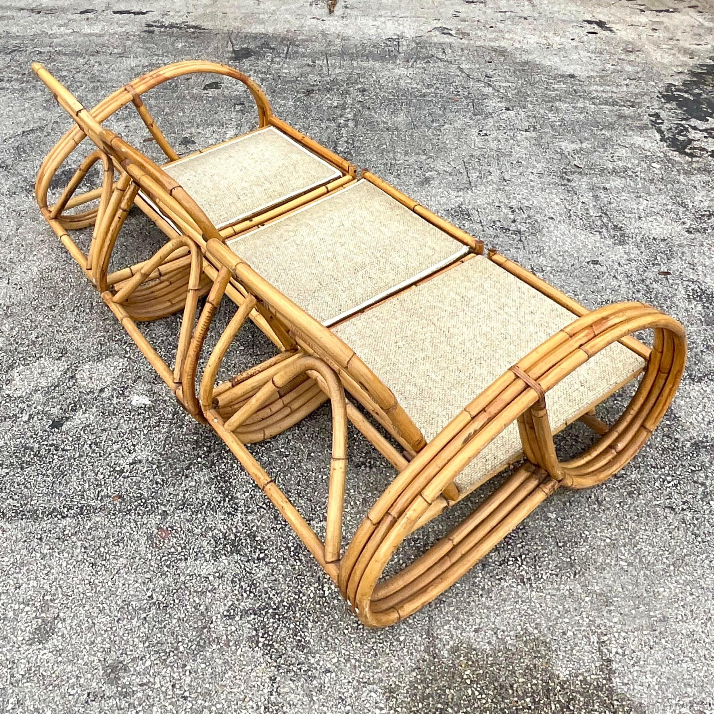Vintage Coastal Bent Rattan Sofa With Cabana Striped Cushions In Good Condition For Sale In west palm beach, FL