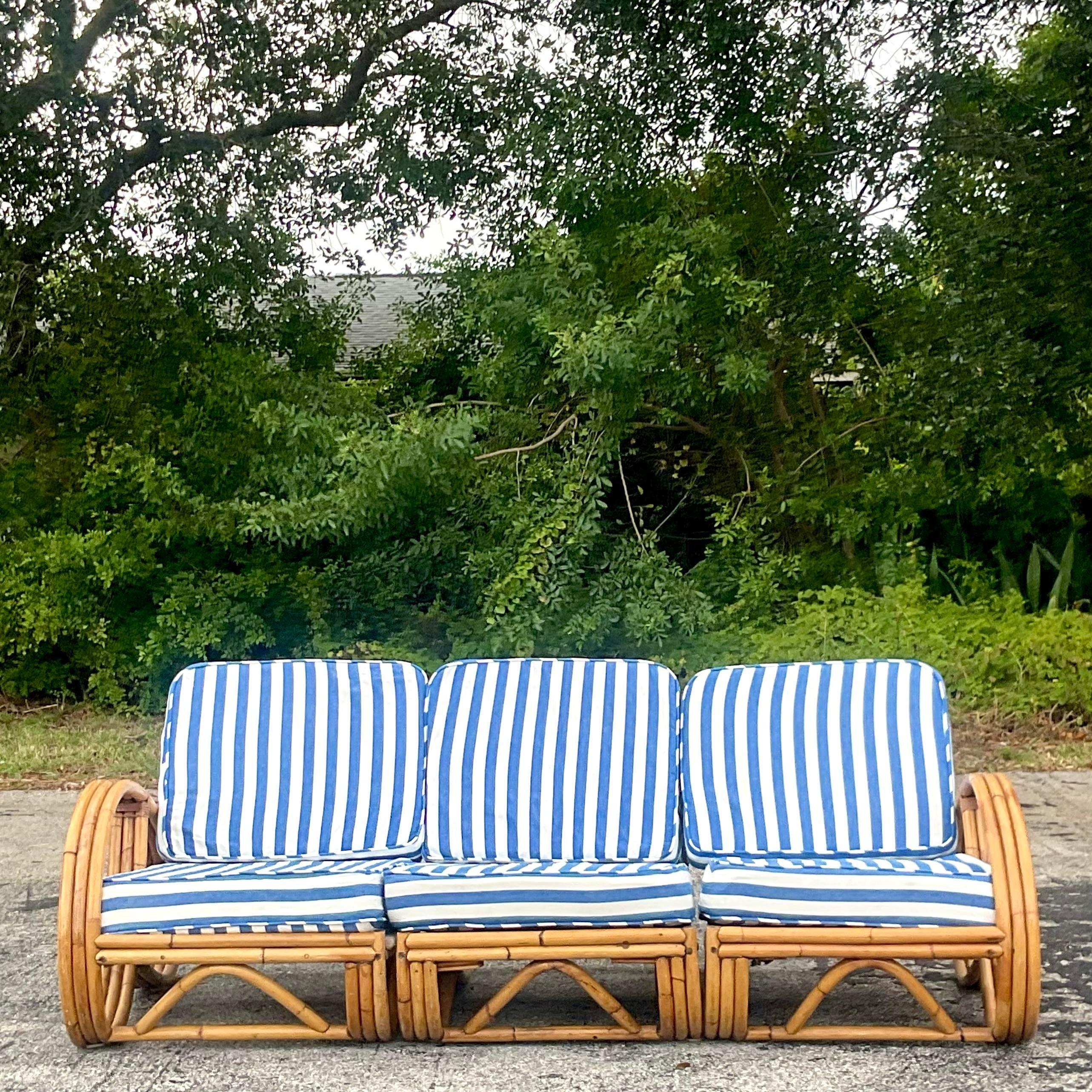 20th Century Vintage Coastal Bent Rattan Sofa With Cabana Striped Cushions For Sale