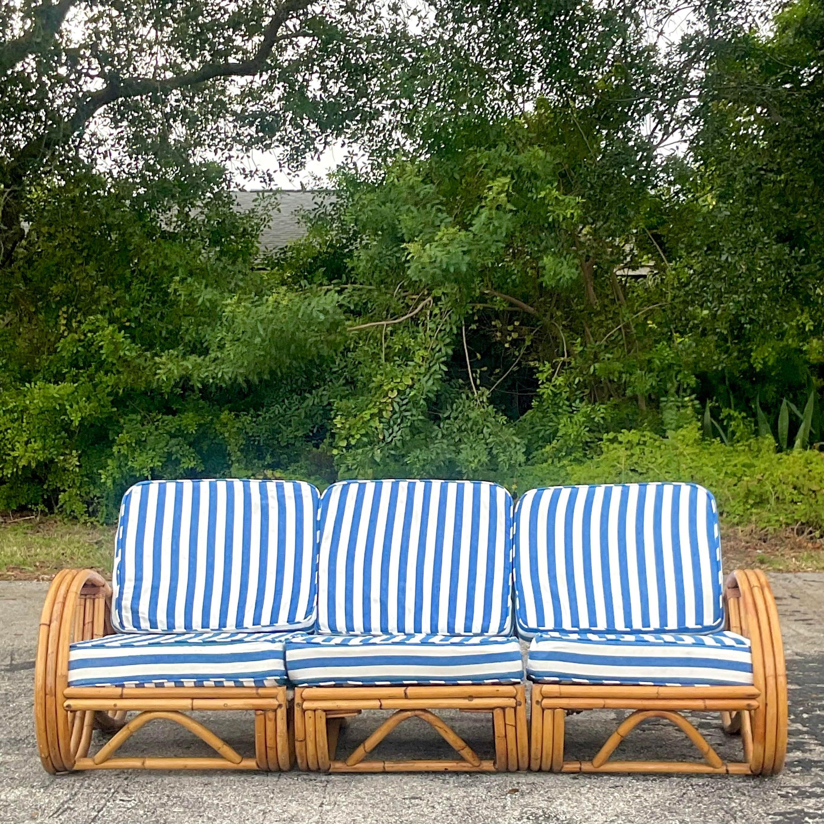 Upholstery Vintage Coastal Bent Rattan Sofa With Cabana Striped Cushions For Sale