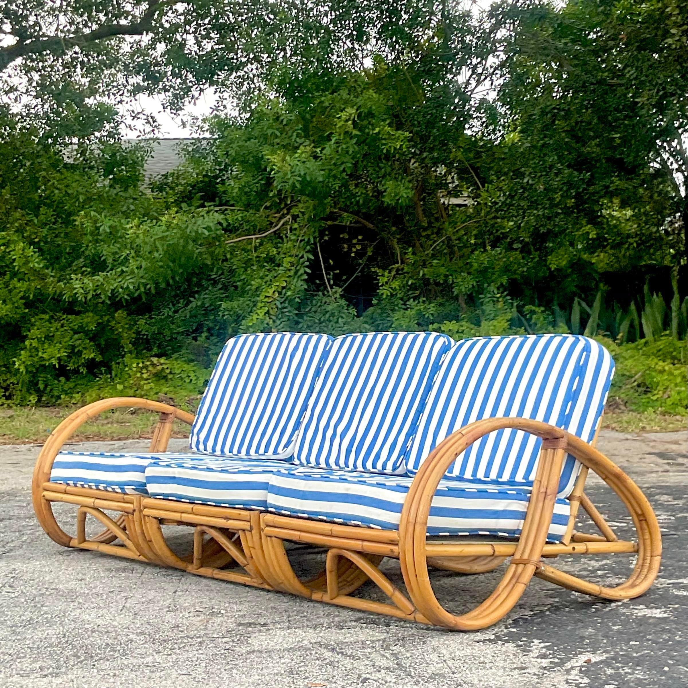 Vintage Coastal Bent Rattan Sofa With Cabana Striped Cushions For Sale 2