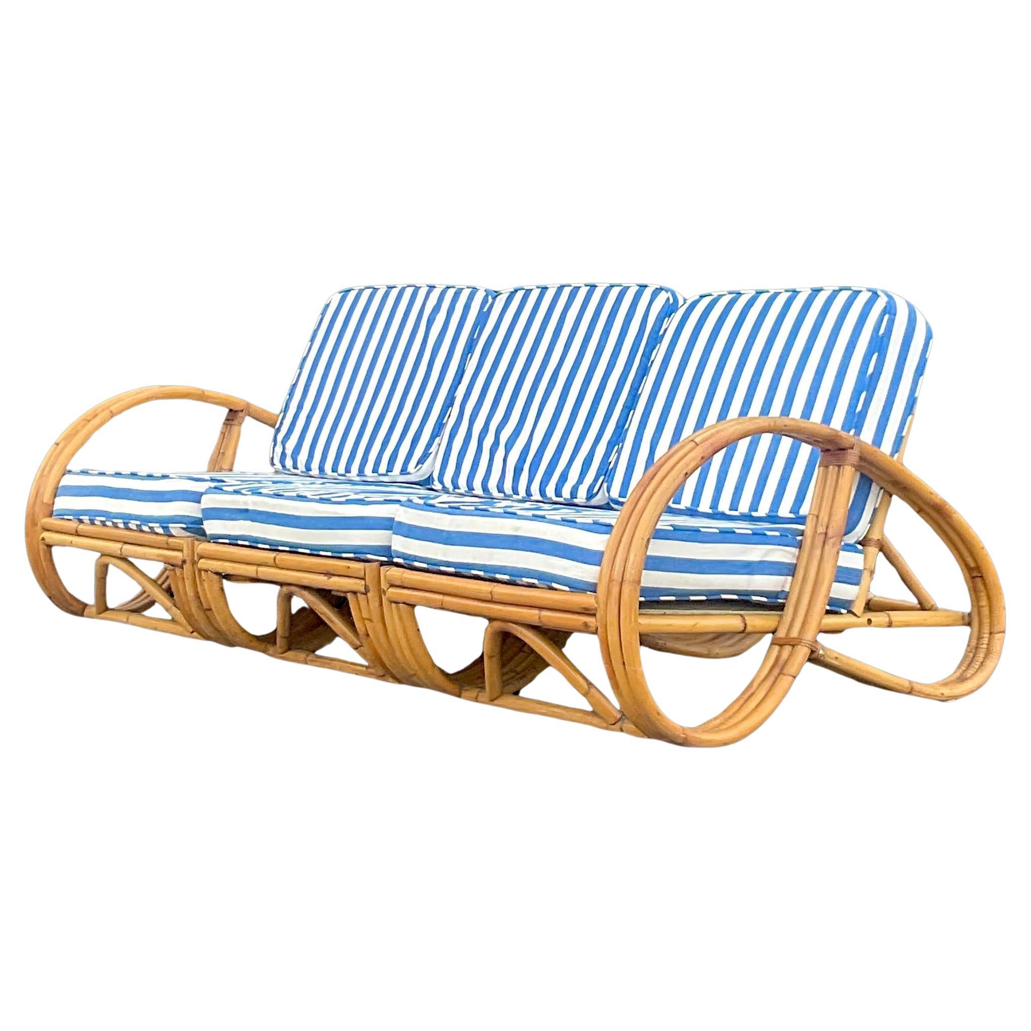 Vintage Coastal Bent Rattan Sofa With Cabana Striped Cushions For Sale
