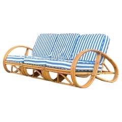 Used Coastal Bent Rattan Sofa With Cabana Striped Cushions