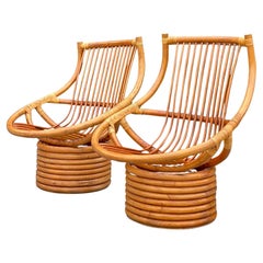 Vintage Coastal Bent Rattan Swivel Chairs - a Pair