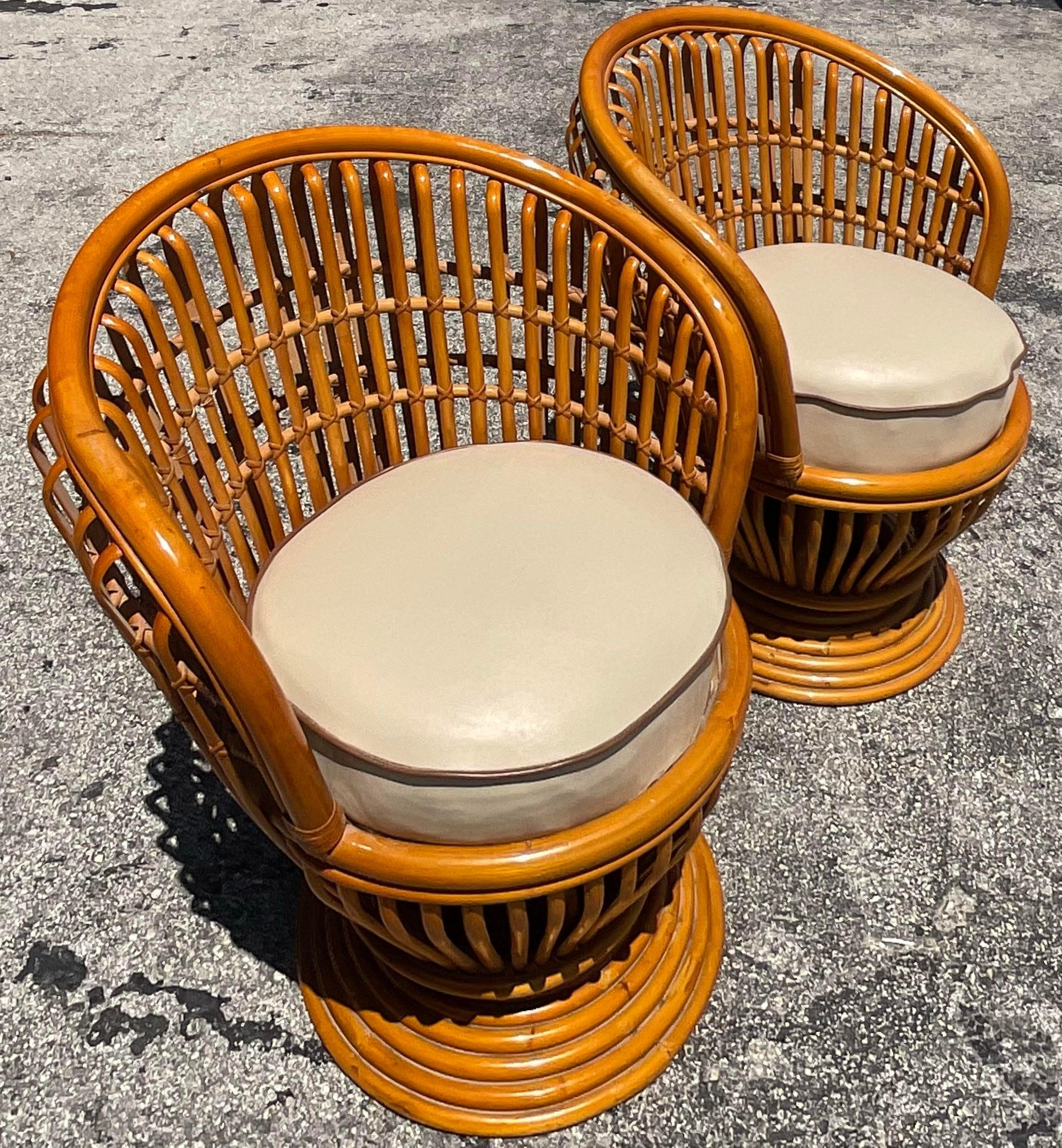 Vintage Coastal Bent Rattan Swivel Chairs After Albini - a Pair In Good Condition For Sale In west palm beach, FL