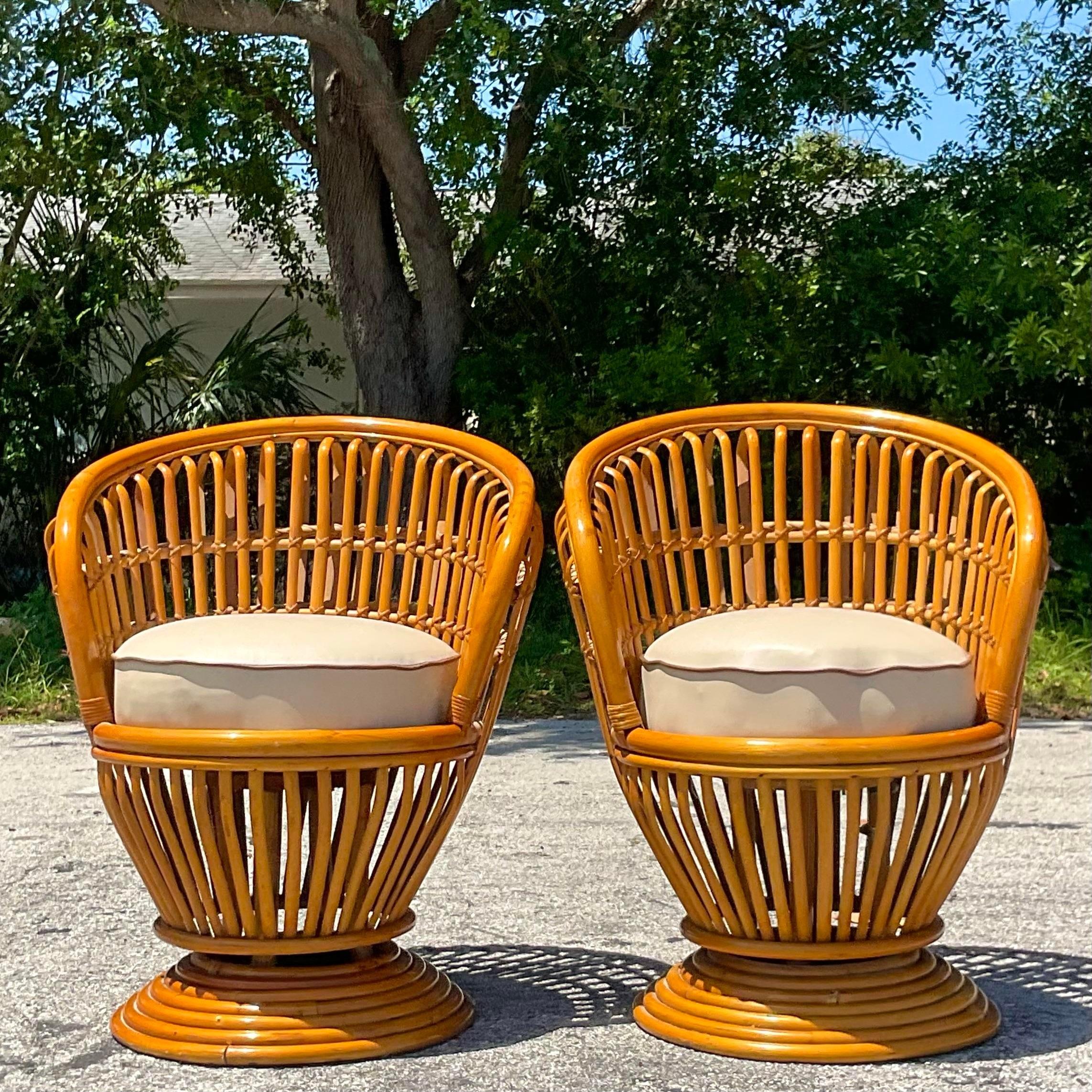 20th Century Vintage Coastal Bent Rattan Swivel Chairs After Albini - a Pair For Sale