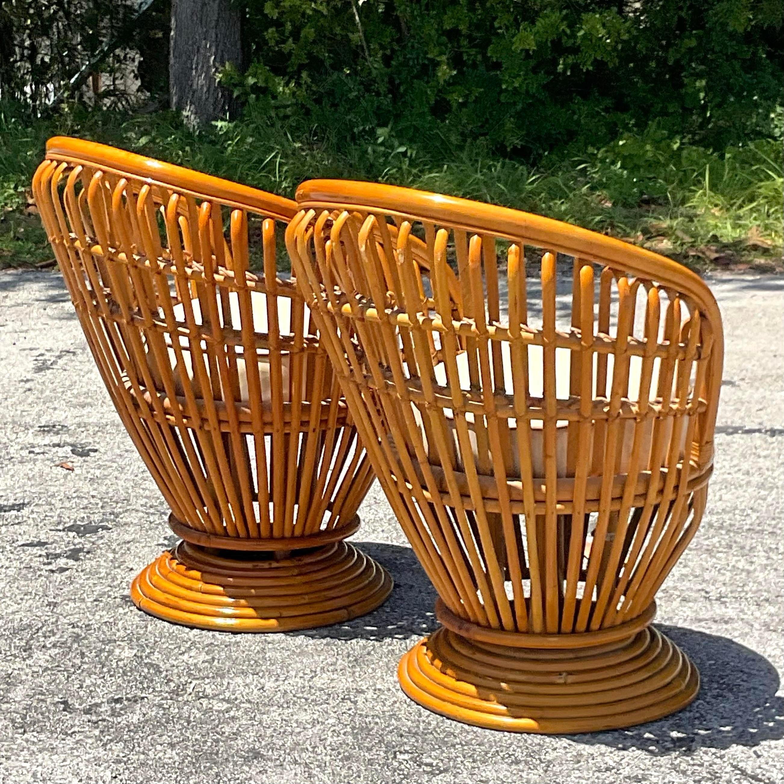 Vintage Coastal Bent Rattan Swivel Chairs After Albini - a Pair For Sale 1