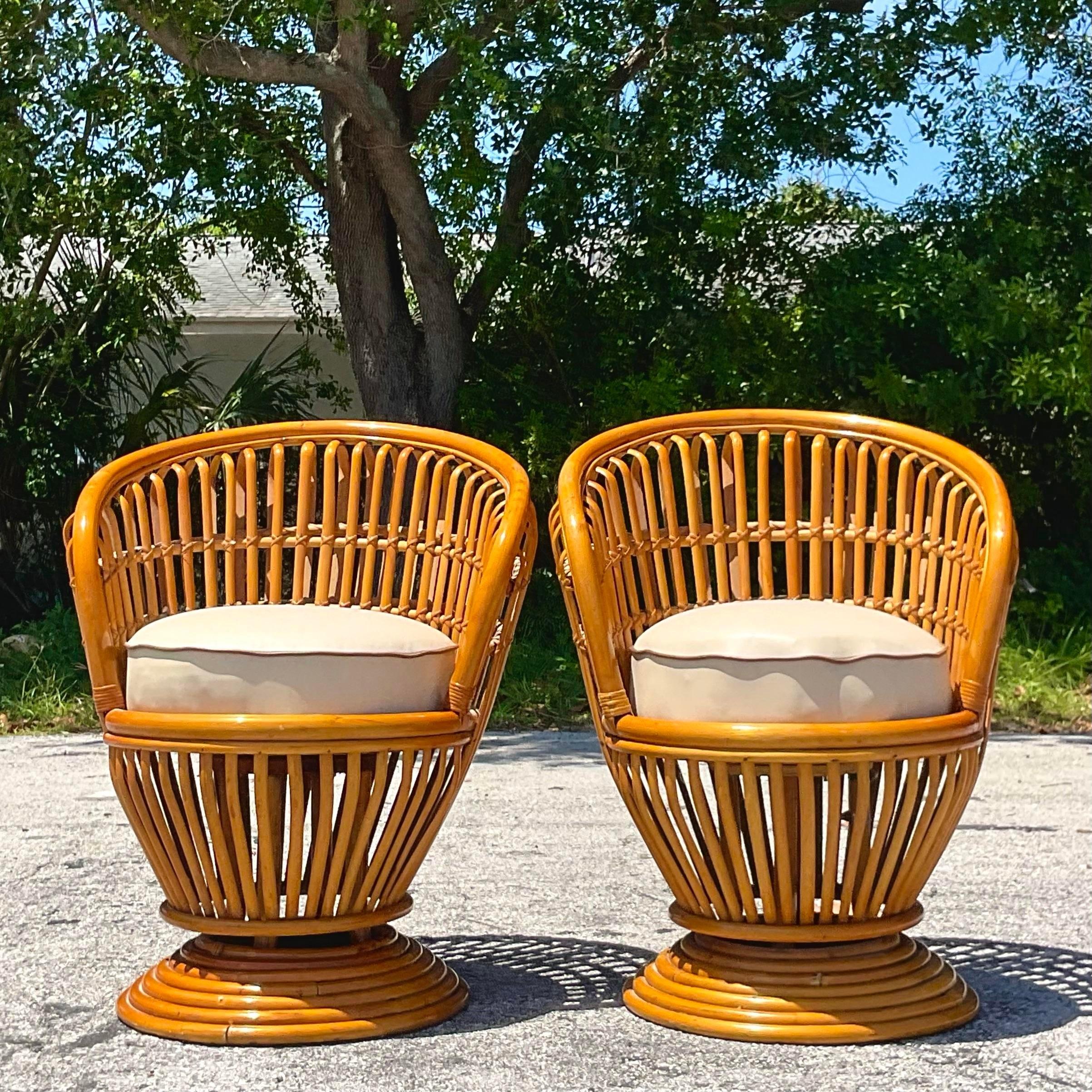 Vintage Coastal Bent Rattan Swivel Chairs After Albini - a Pair For Sale 2