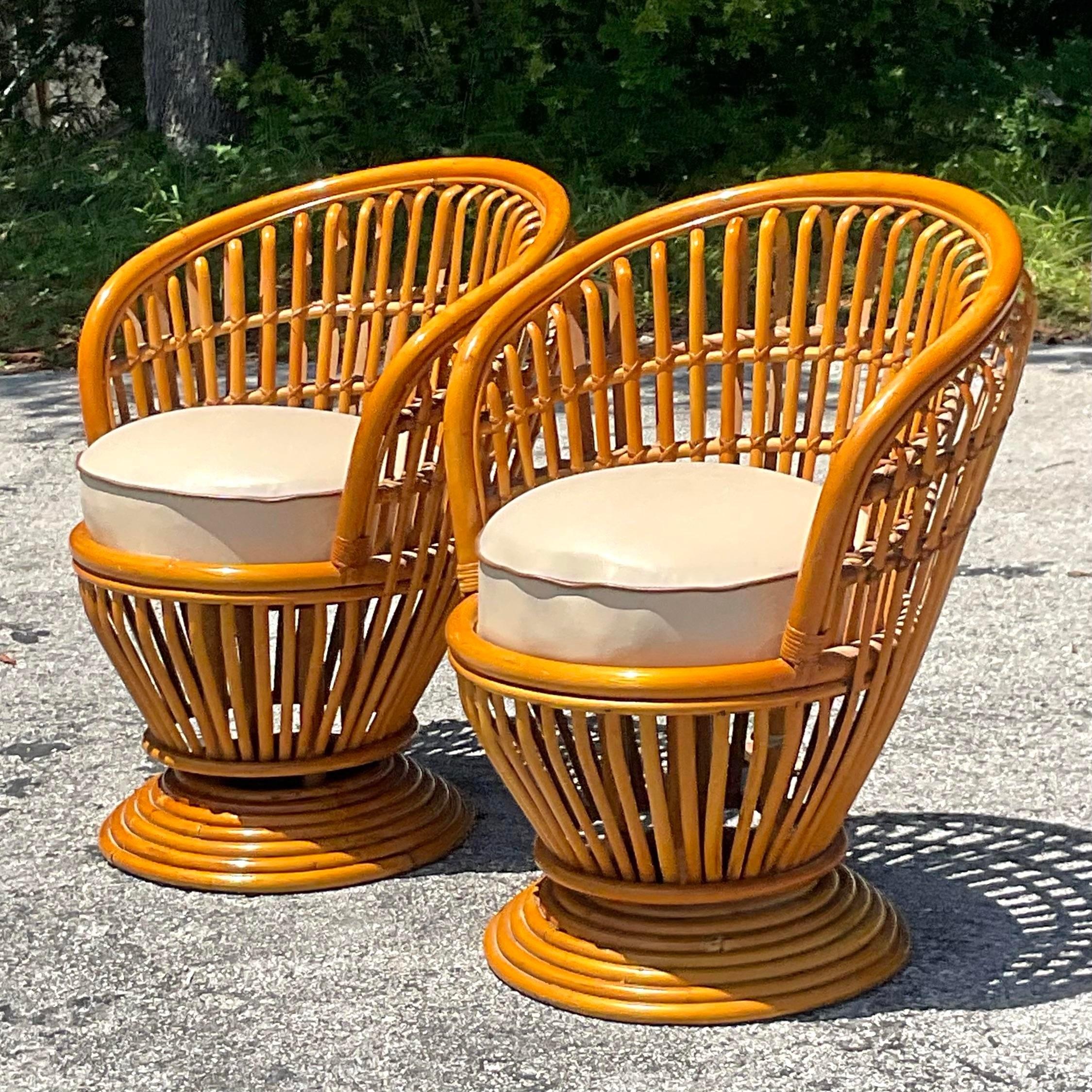 Vintage Coastal Bent Rattan Swivel Chairs After Albini - a Pair For Sale 3