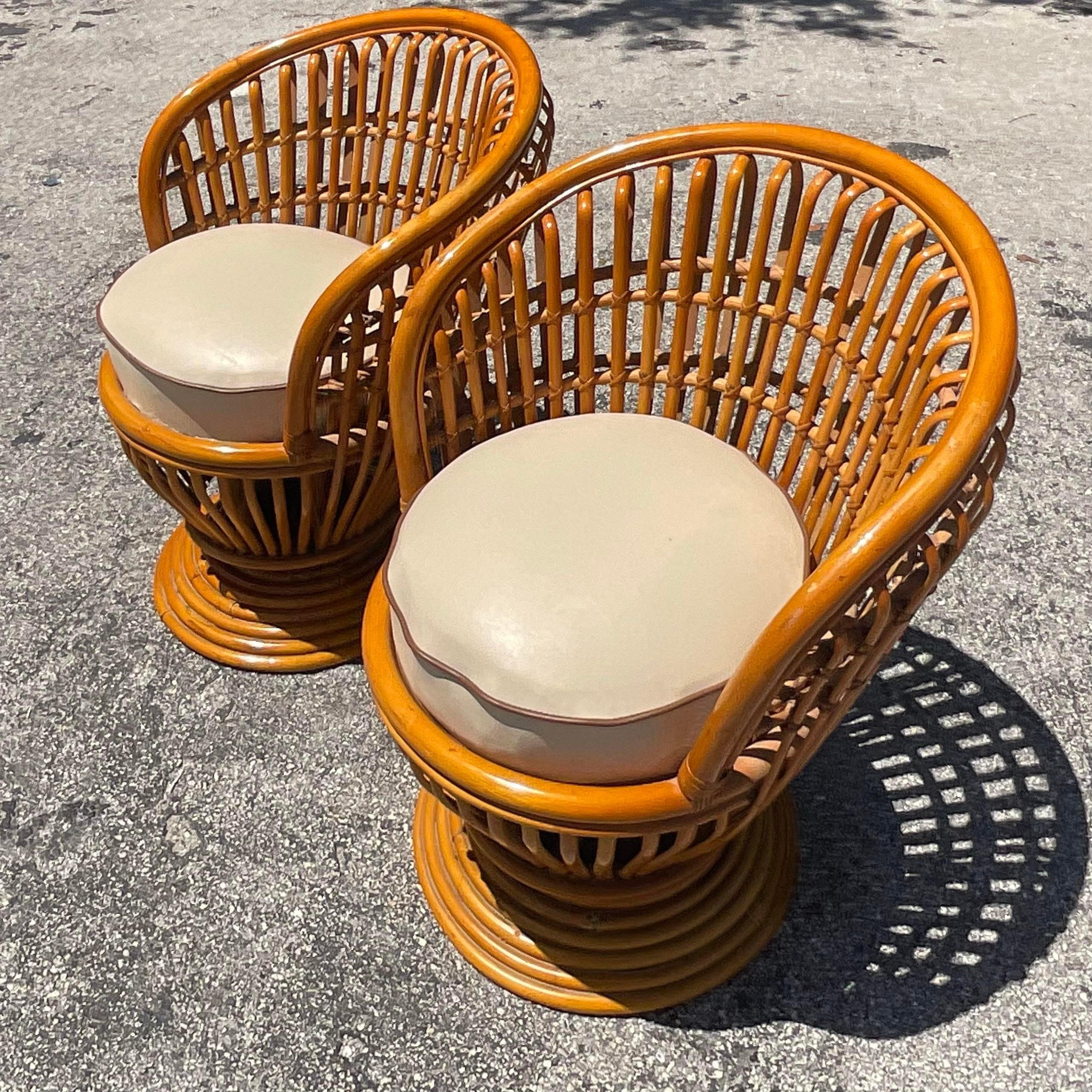 Vintage Coastal Bent Rattan Swivel Chairs After Albini - a Pair For Sale 4