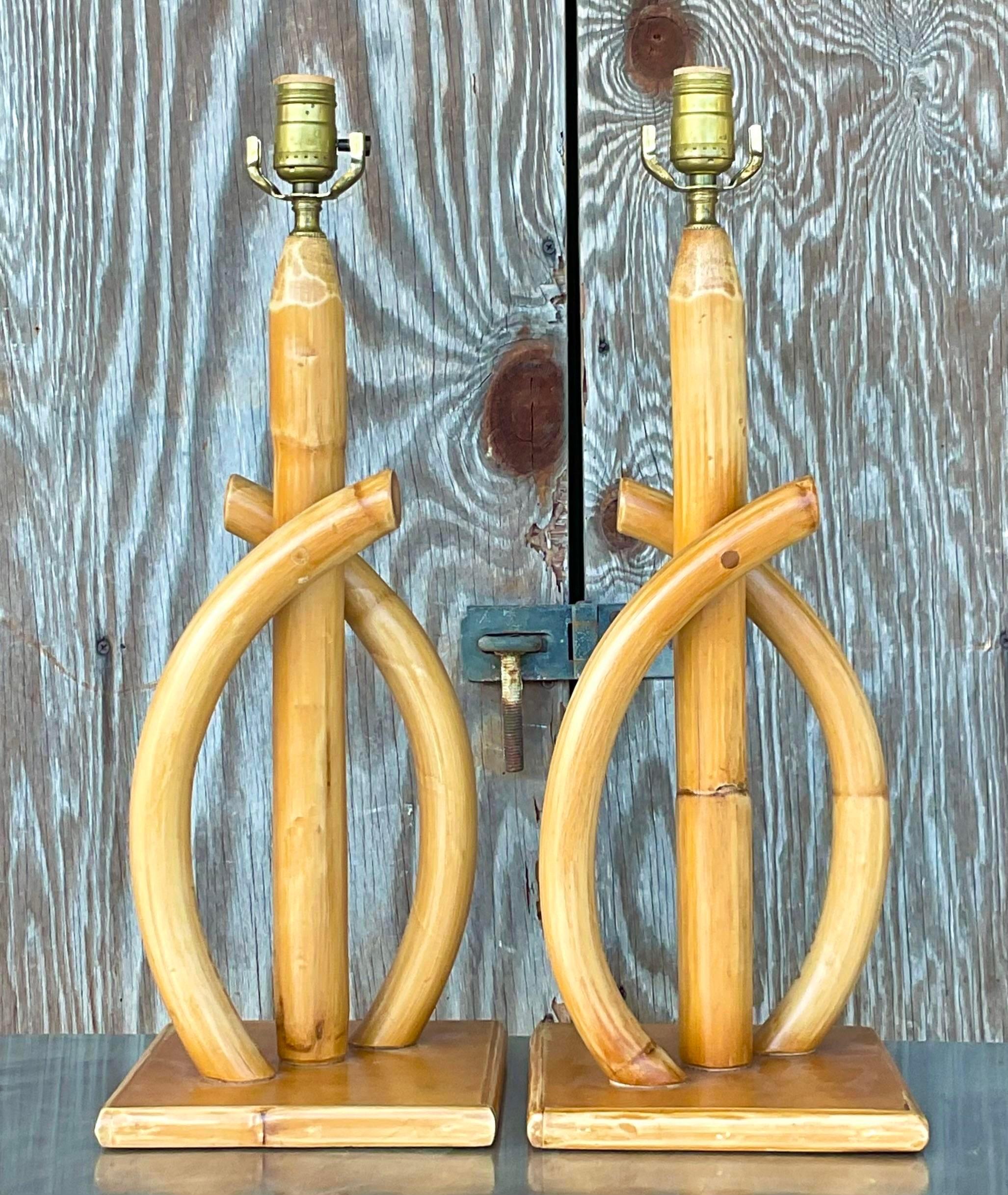 Vintage Coastal Bent Rattan Table Lamps - a Pair In Good Condition For Sale In west palm beach, FL