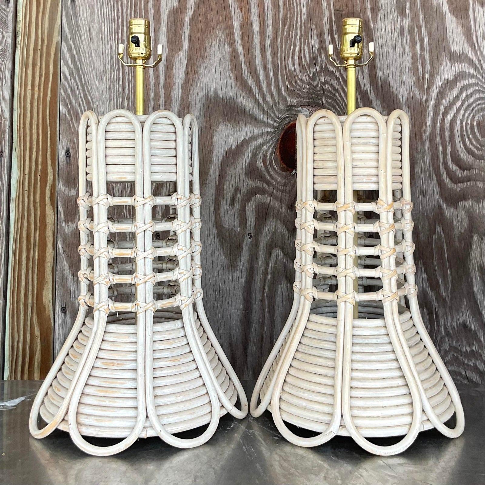 20th Century Vintage Coastal Cerused Bent Rattan Table Lamps - a Pair For Sale