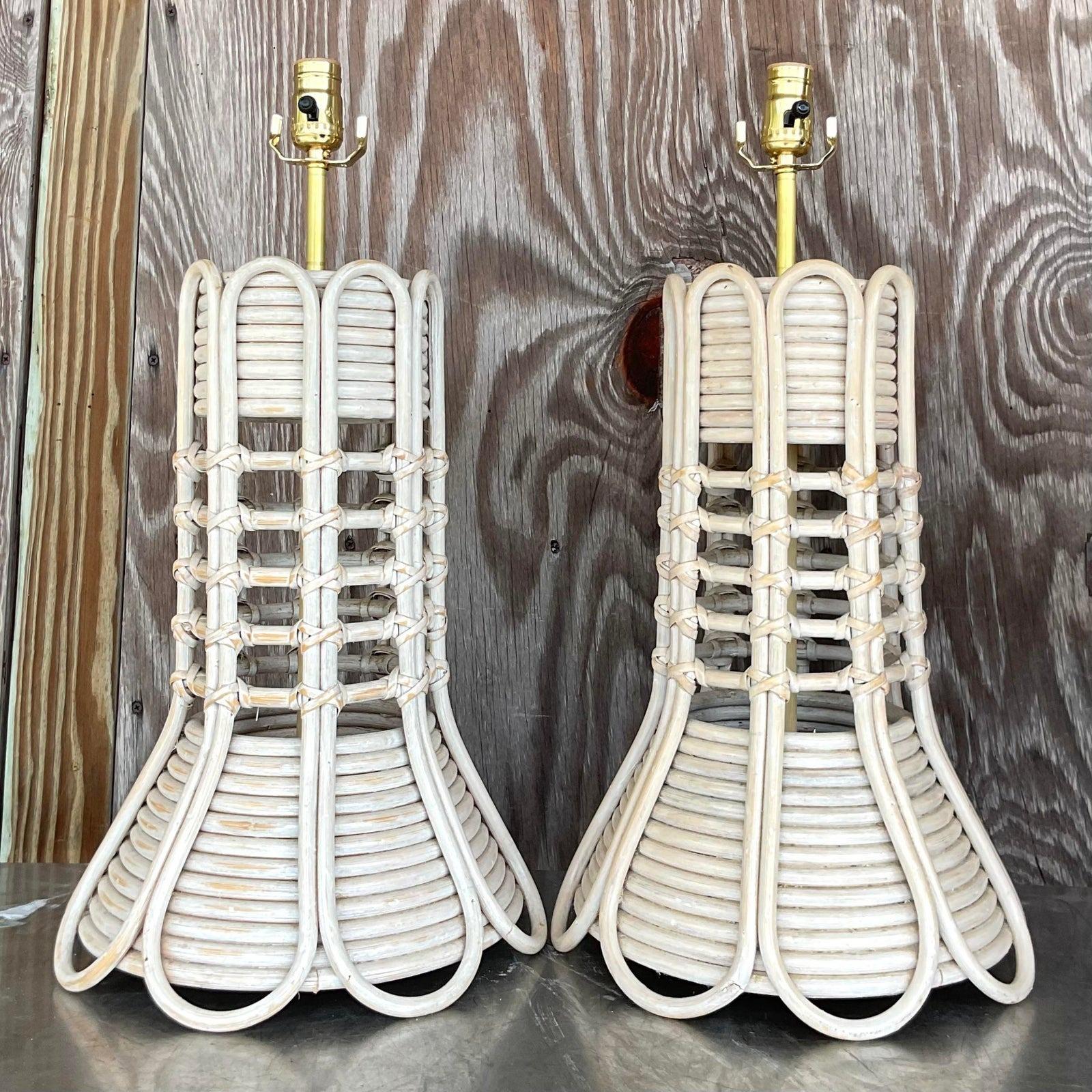 Vintage Coastal Cerused Bent Rattan Table Lamps - a Pair For Sale 2