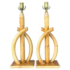 Retro Coastal Bent Rattan Table Lamps - a Pair