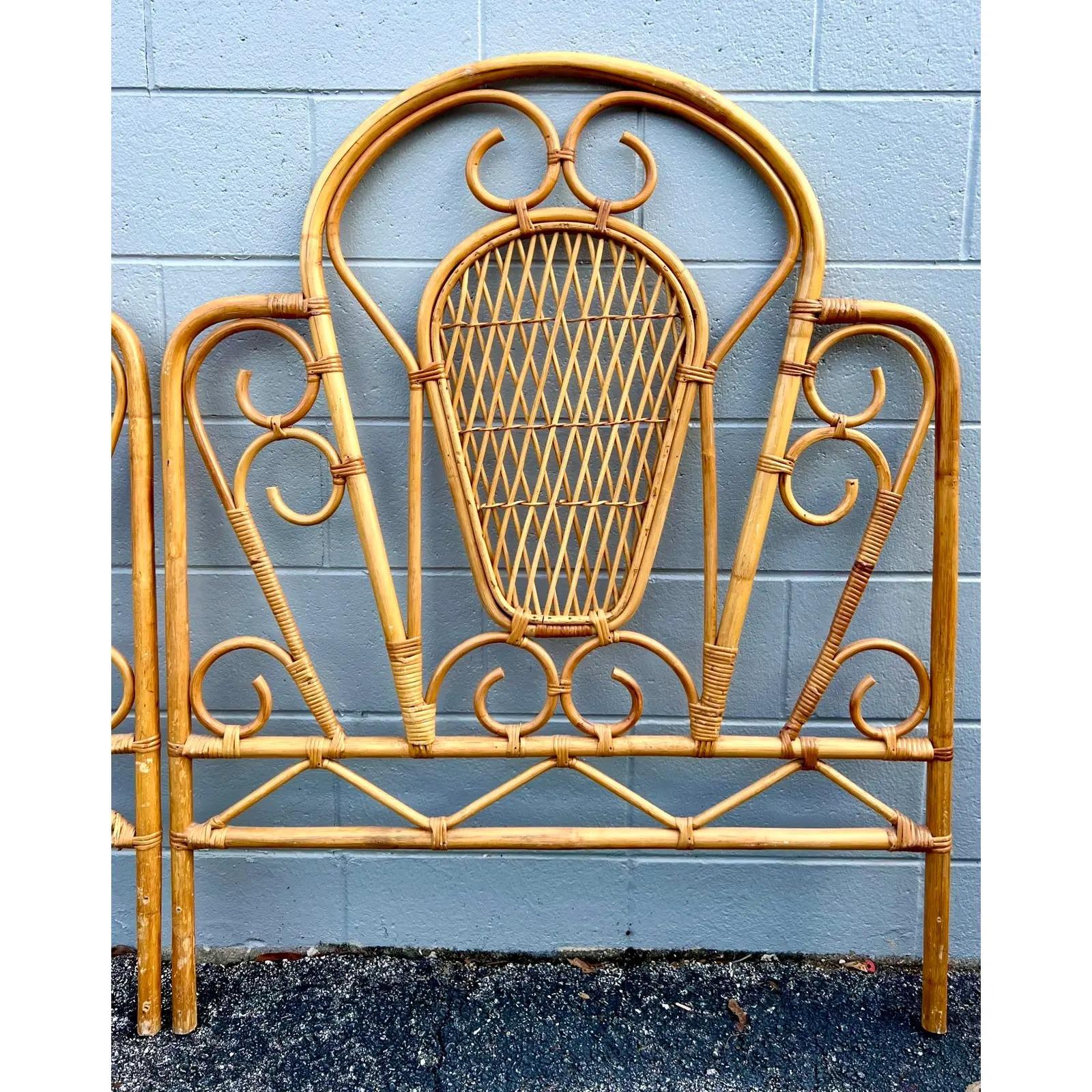 Vintage Coastal Bent Rattan Twin Headboards, a Pair In Good Condition In west palm beach, FL