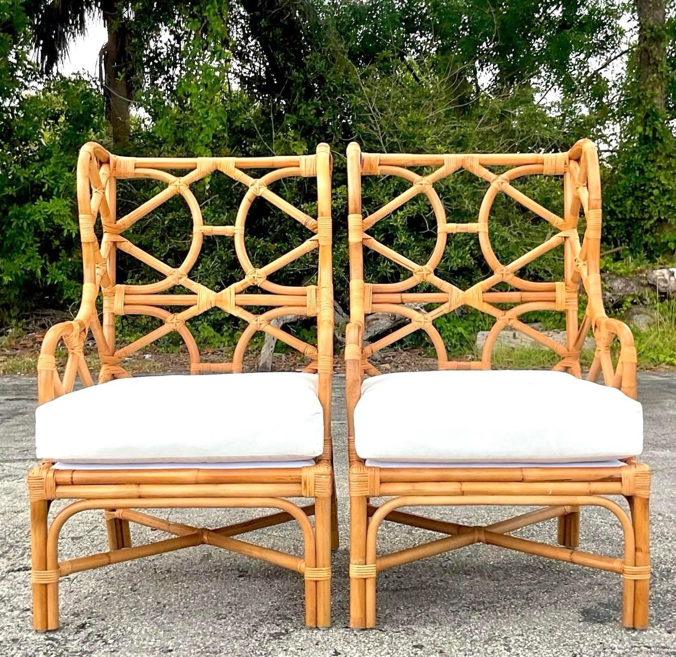 American Vintage Coastal Bent Rattan Wingback Chairs - a Pair