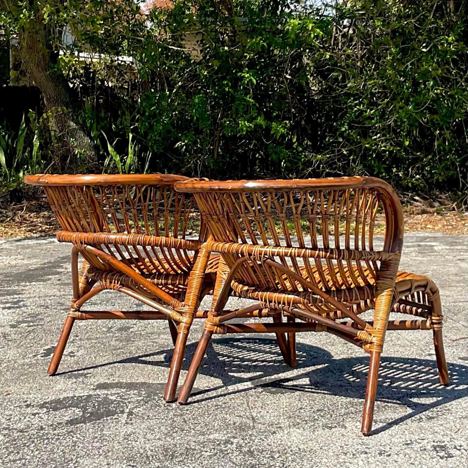 Philippine Vintage Coastal Bent Stick Rattan Lounge Chairs - a Pair