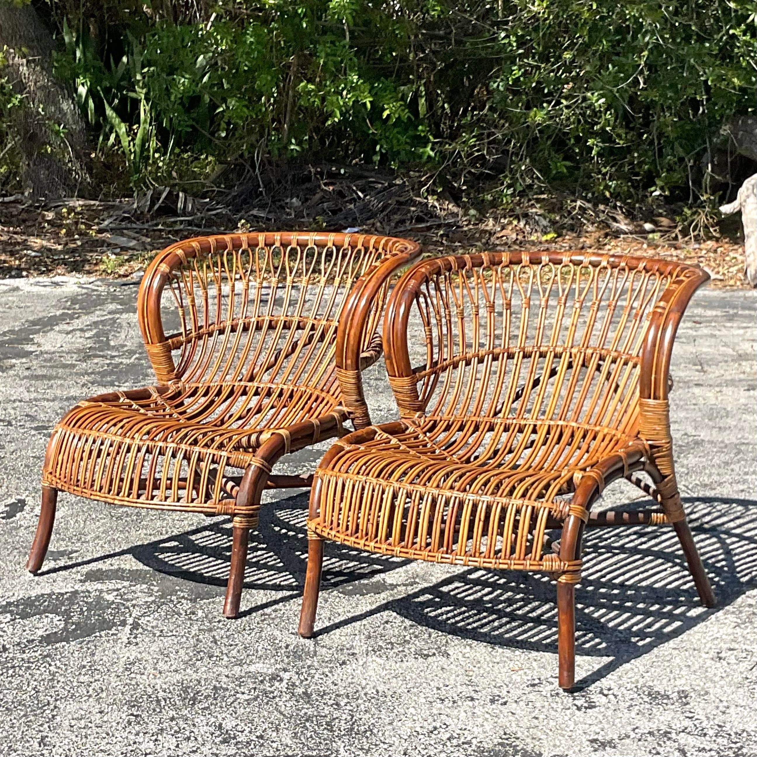 Vintage Coastal Bent Stick Rattan Lounge Chairs - a Pair In Good Condition In west palm beach, FL