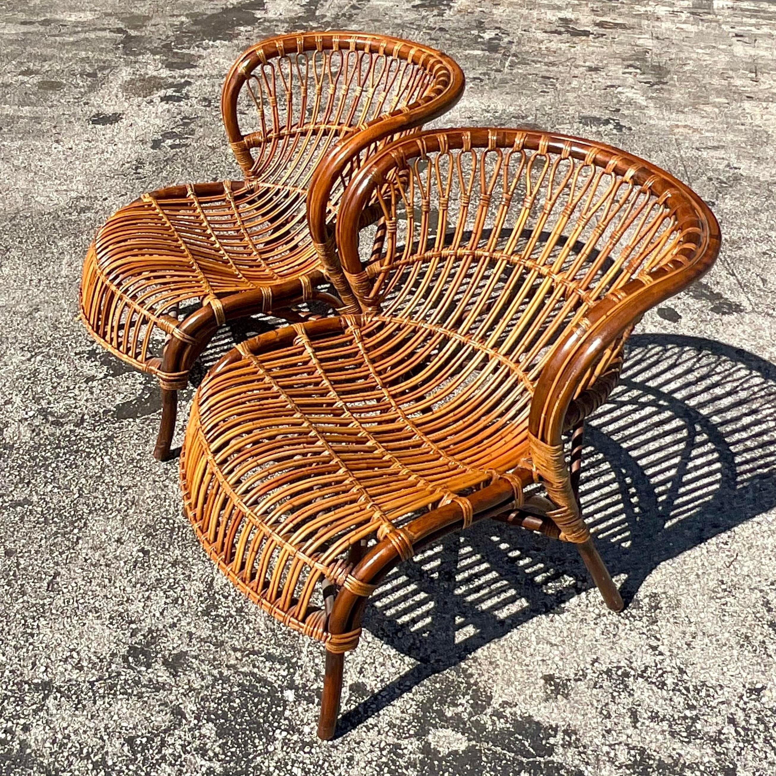 20th Century Vintage Coastal Bent Stick Rattan Lounge Chairs - a Pair