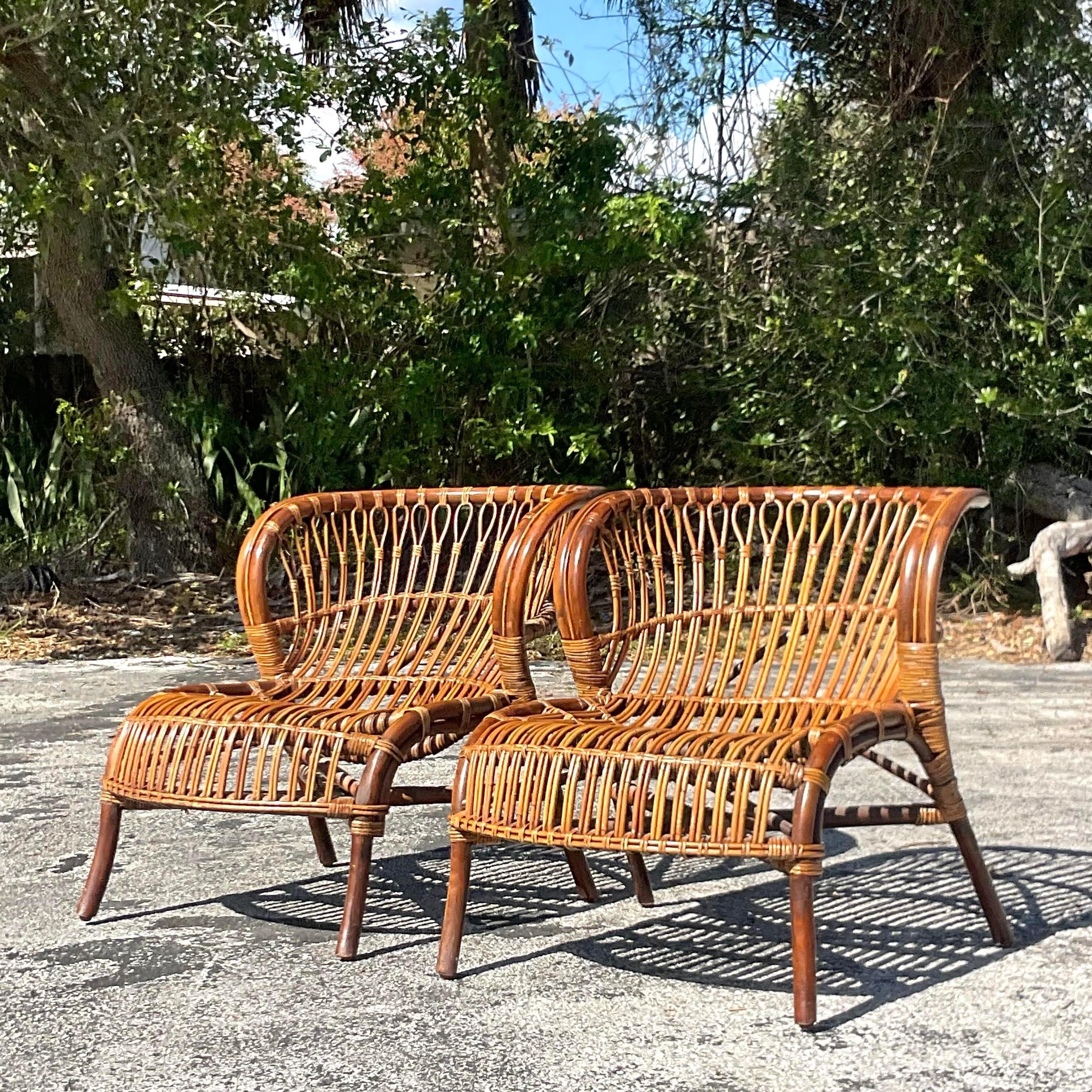 Vintage Coastal Bent Stick Rattan Lounge Chairs - a Pair 2