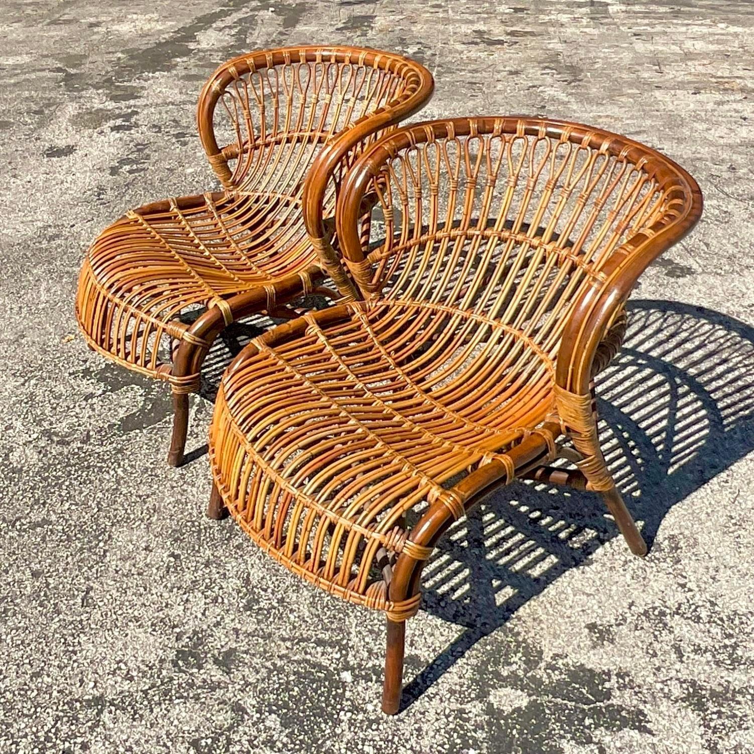 Vintage Coastal Bent Stick Rattan Lounge Chairs - a Pair 4