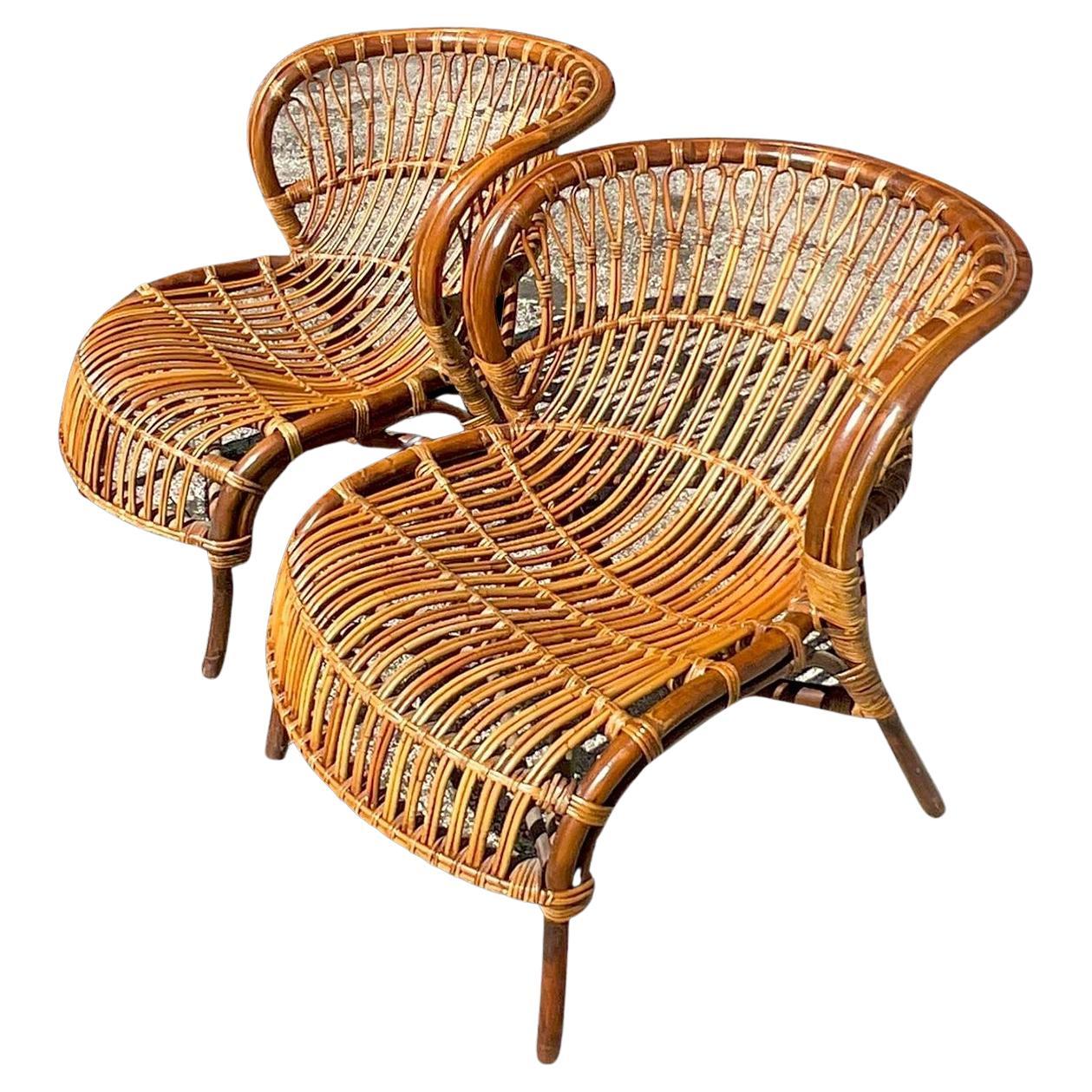Vintage Coastal Bent Stick Rattan Lounge Chairs - a Pair