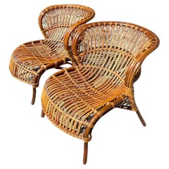 Vintage Coastal Bent Stick Rattan Lounge Chairs - a Pair