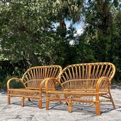 Vintage Coastal Bent Stick Rattan Loveseats - a Pair