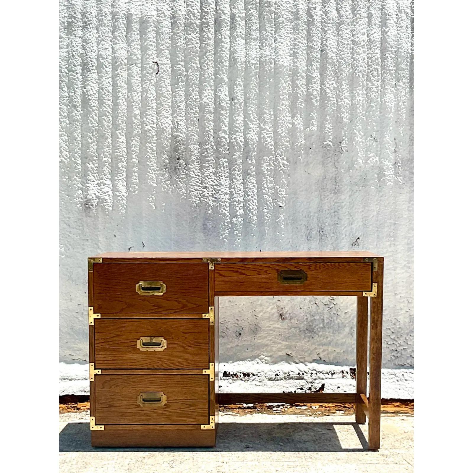Fantastic vintage Coastal writing desk. Made by the iconic Bernhardt group. Beautiful brass campaign hardware. Acquired from a Palm Beach estate.