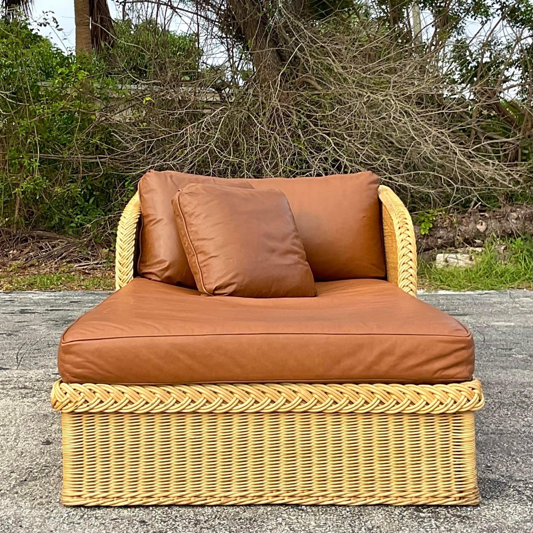 American Vintage Coastal Bielecky Brothers Braided Rattan and Leather Chaise Lounge For Sale