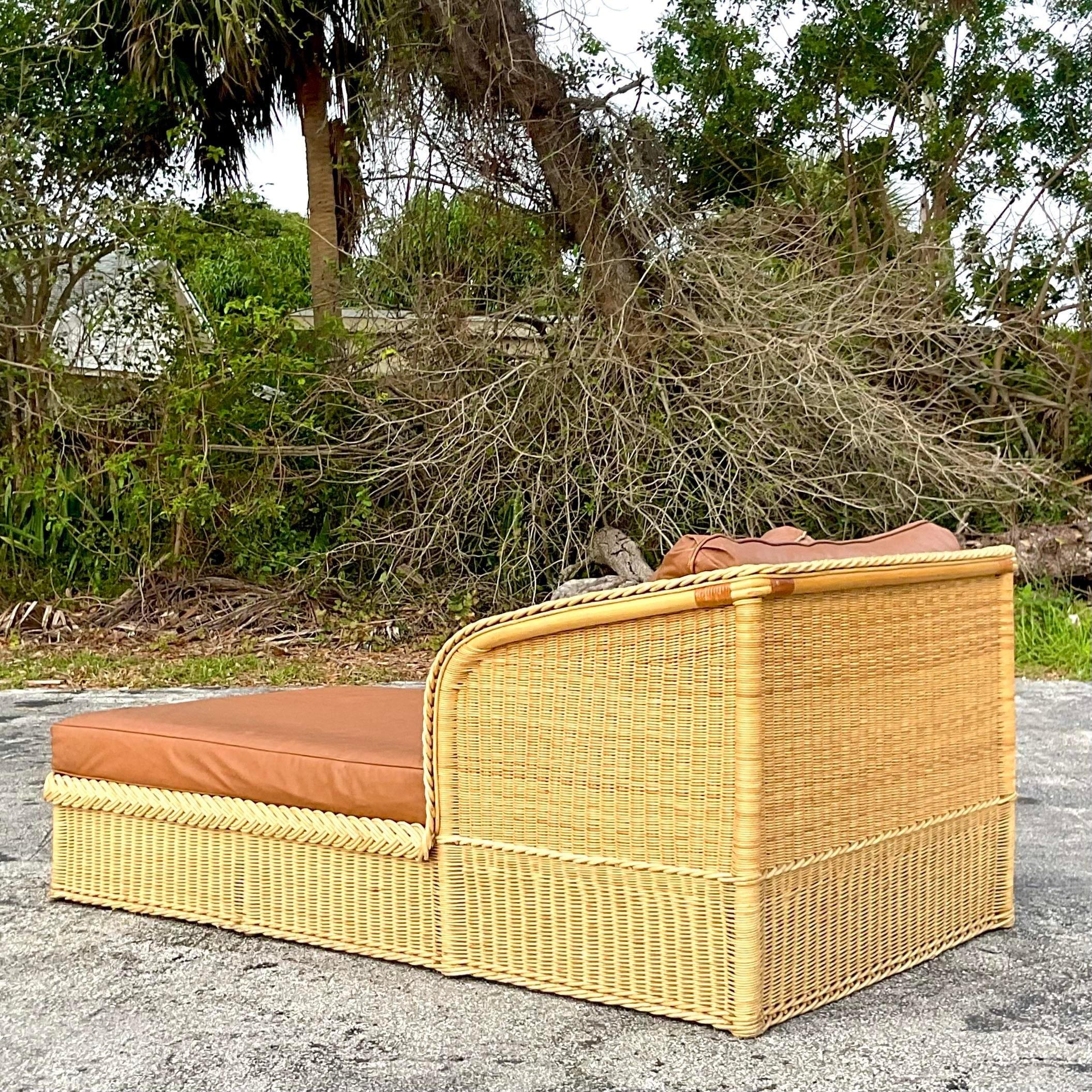 Vintage Coastal Bielecky Brothers Braided Rattan and Leather Chaise Lounge In Good Condition For Sale In west palm beach, FL