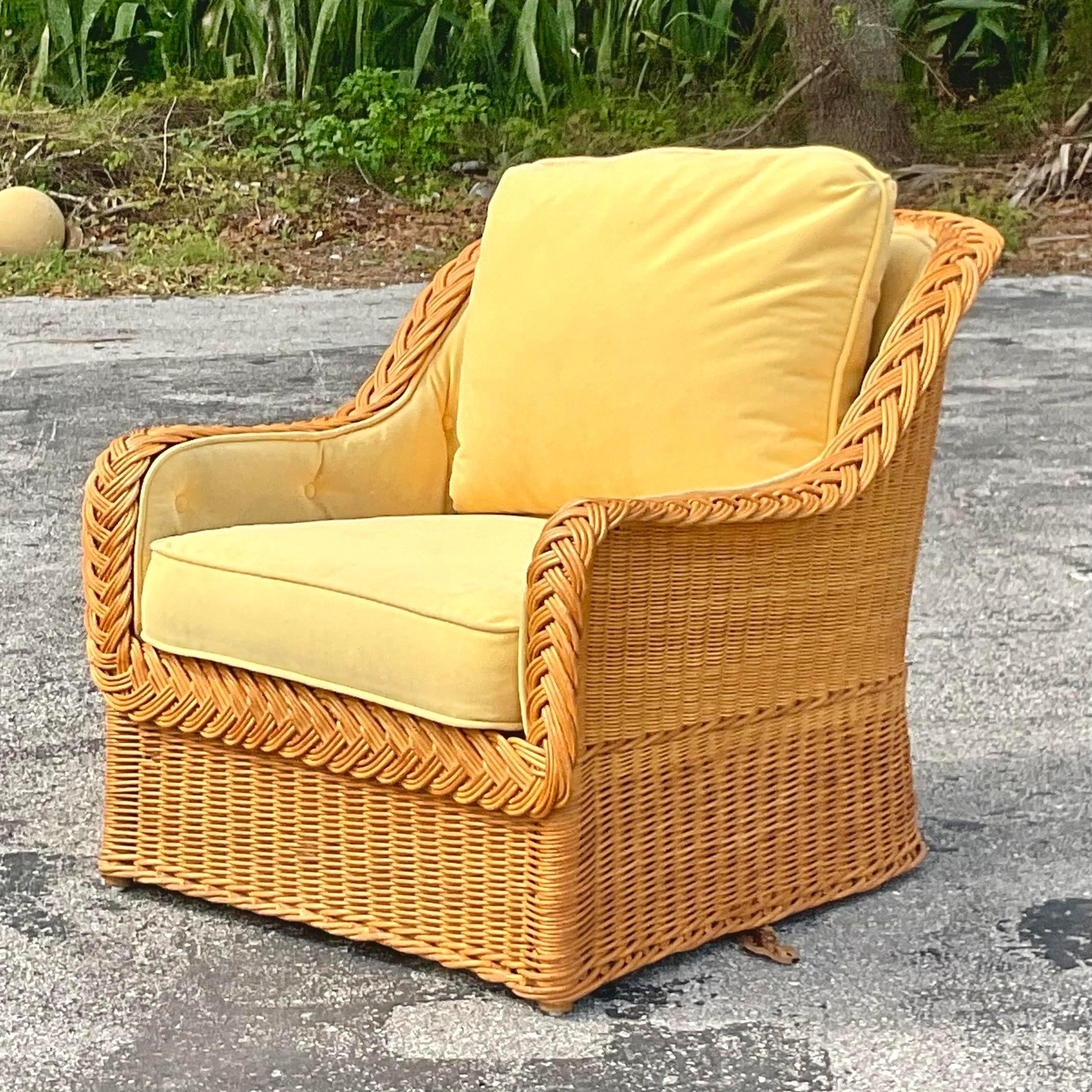 American Vintage Coastal Bielecky Brothers Braided Rattan Lounge Chair For Sale