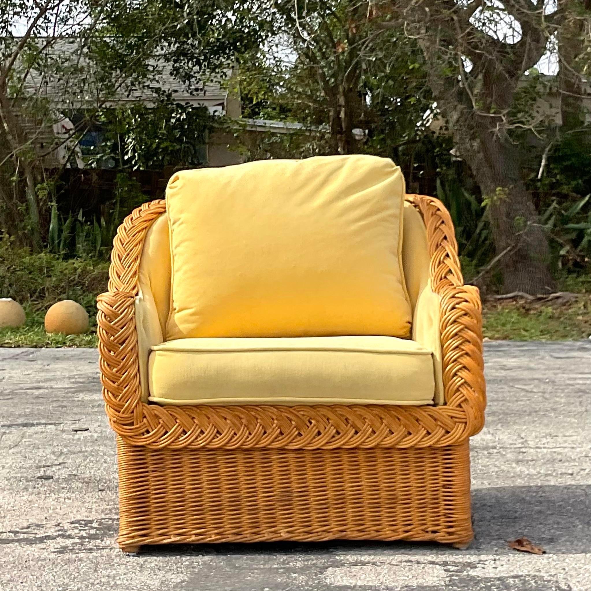 Vintage Coastal Bielecky Brothers Braided Rattan Lounge Chair In Good Condition For Sale In west palm beach, FL