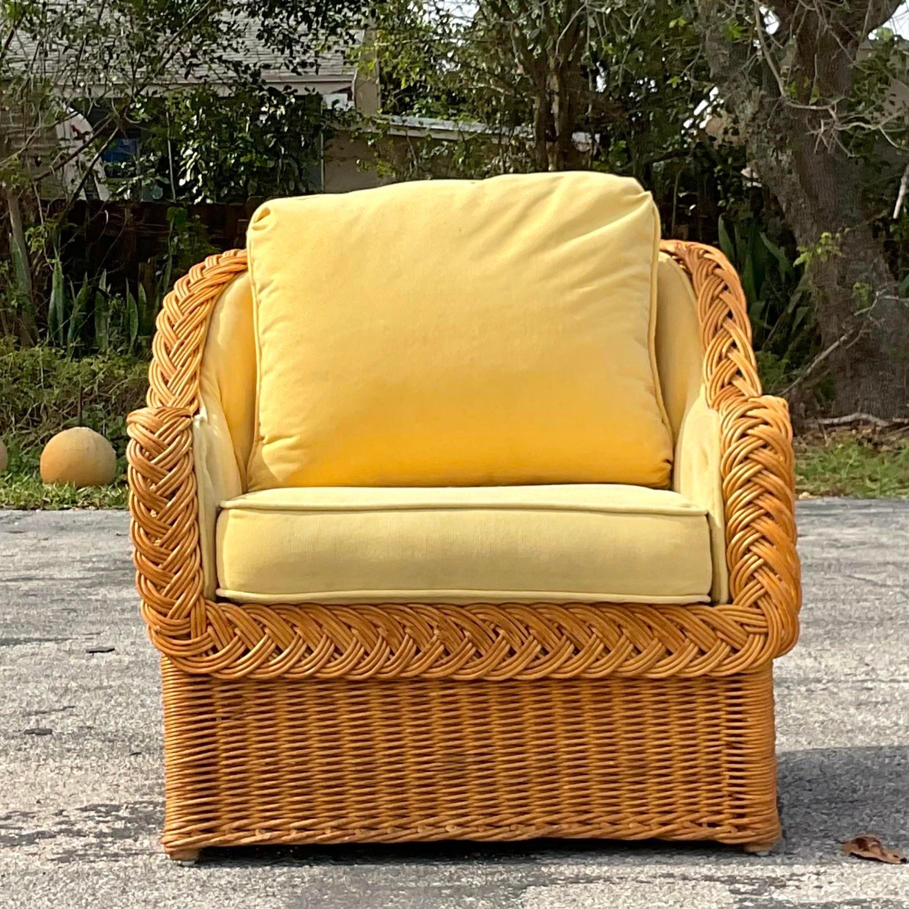 Upholstery Vintage Coastal Bielecky Brothers Braided Rattan Lounge Chair For Sale