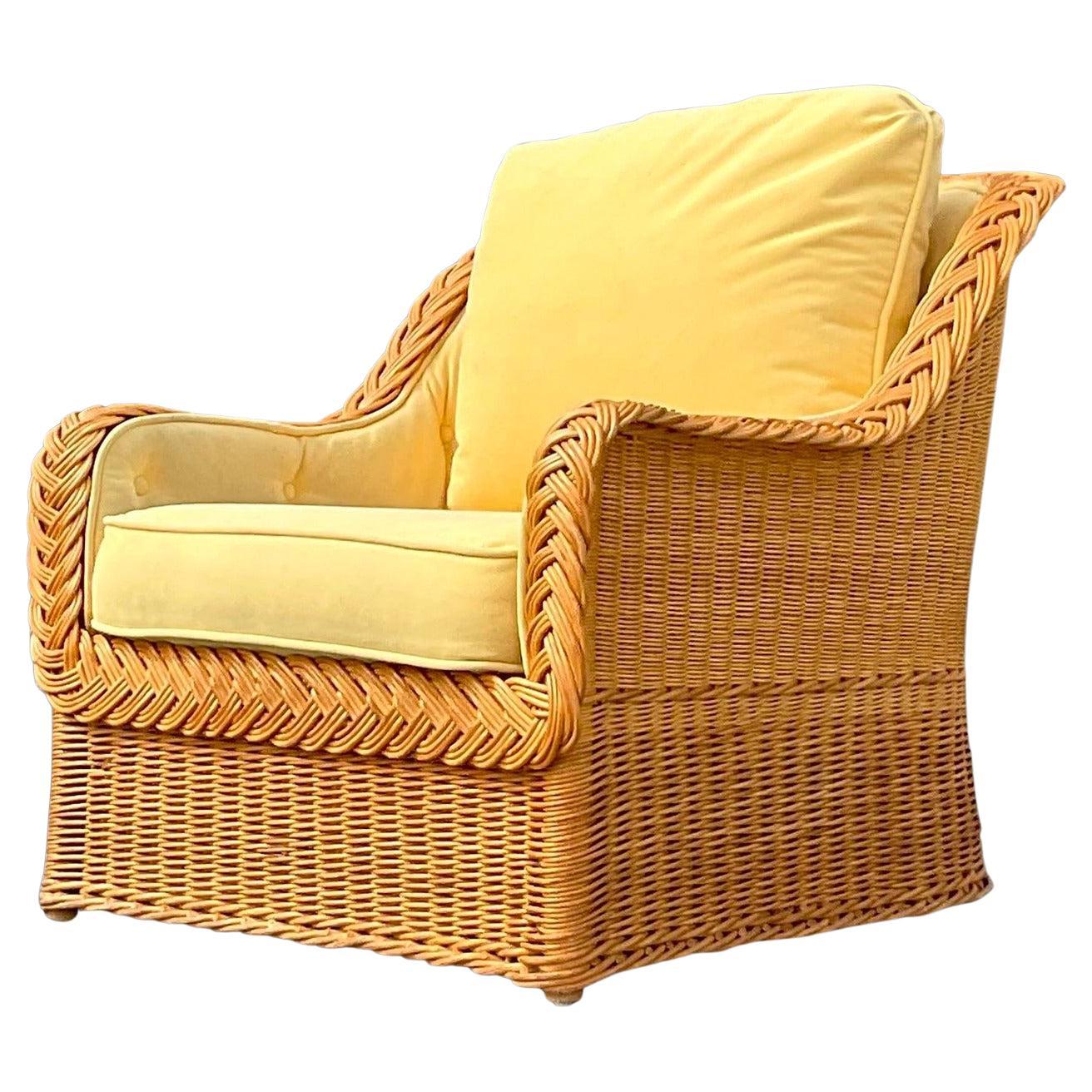 Vintage Coastal Bielecky Brothers Braided Rattan Lounge Chair For Sale