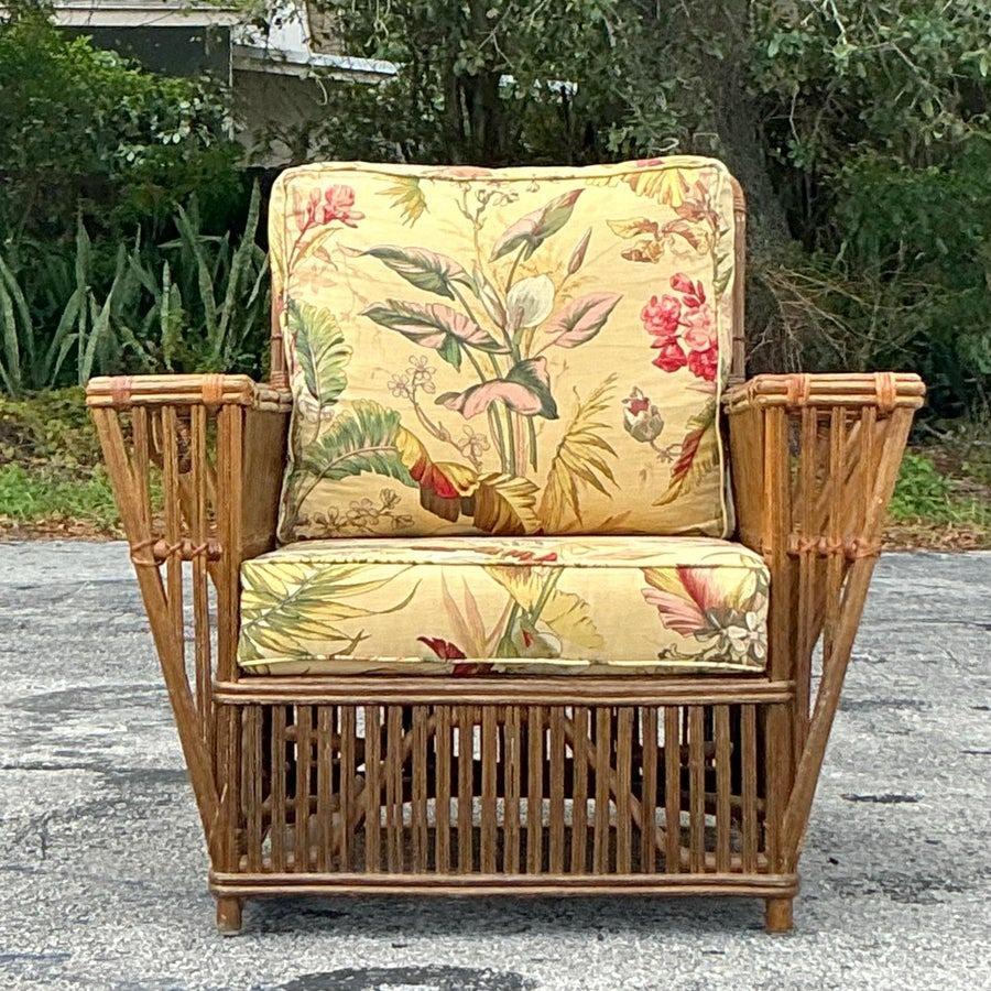 Vintage Coastal Bielecky Brothers Stick Rattan Lounge Chair and Ottoman For Sale 4