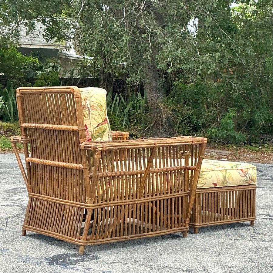 Vintage Coastal Bielecky Brothers Stick Rattan Lounge Chair and Ottoman For Sale 5