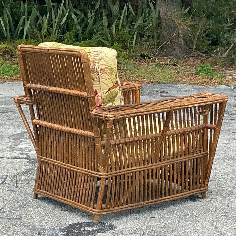 American Vintage Coastal Bielecky Brothers Stick Rattan Lounge Chair and Ottoman For Sale